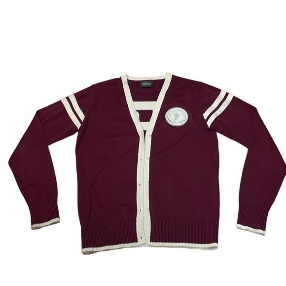 Peak Performance Cardigan, Varsity Letterman P, burgundy cream, Large - Picture 1 of 8